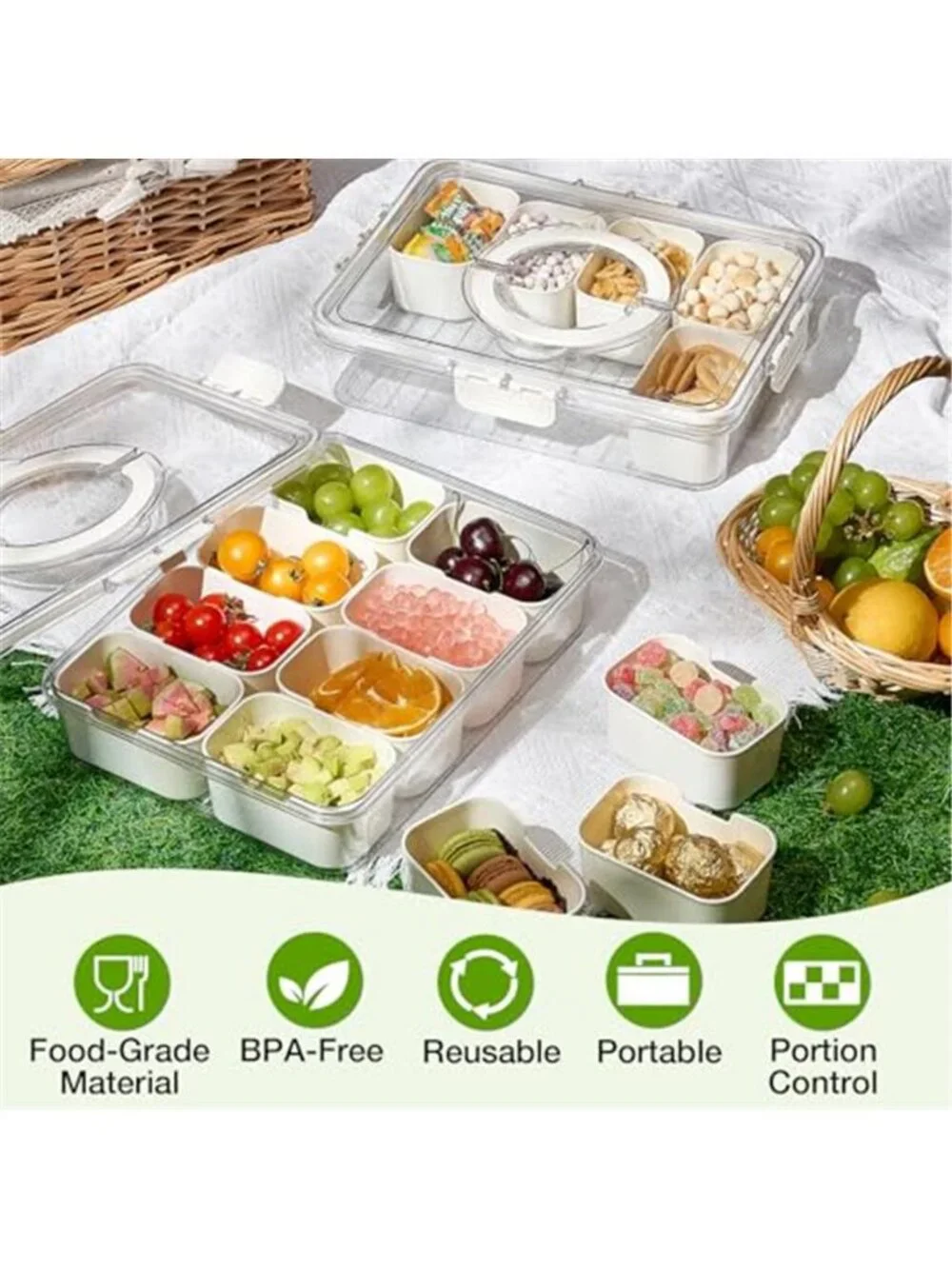 Snackle Box Container, 2 Pack Divided Serving Tray with Lid and Handle,Snack Box